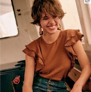 Sezane Cotton Gauze Ester Ruffle Sleeve Blouse Cafe Pumpkin - 38/6